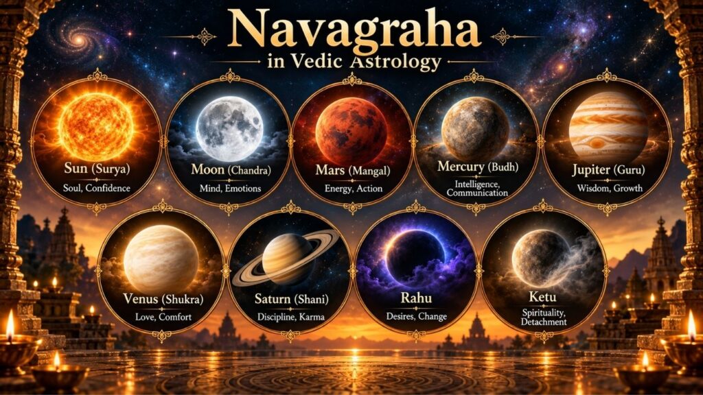 Navagraha in Vedic Astrology showing Surya, Chandra, Mangal, Budh, Guru, Shukra, Shani, Rahu and Ketu