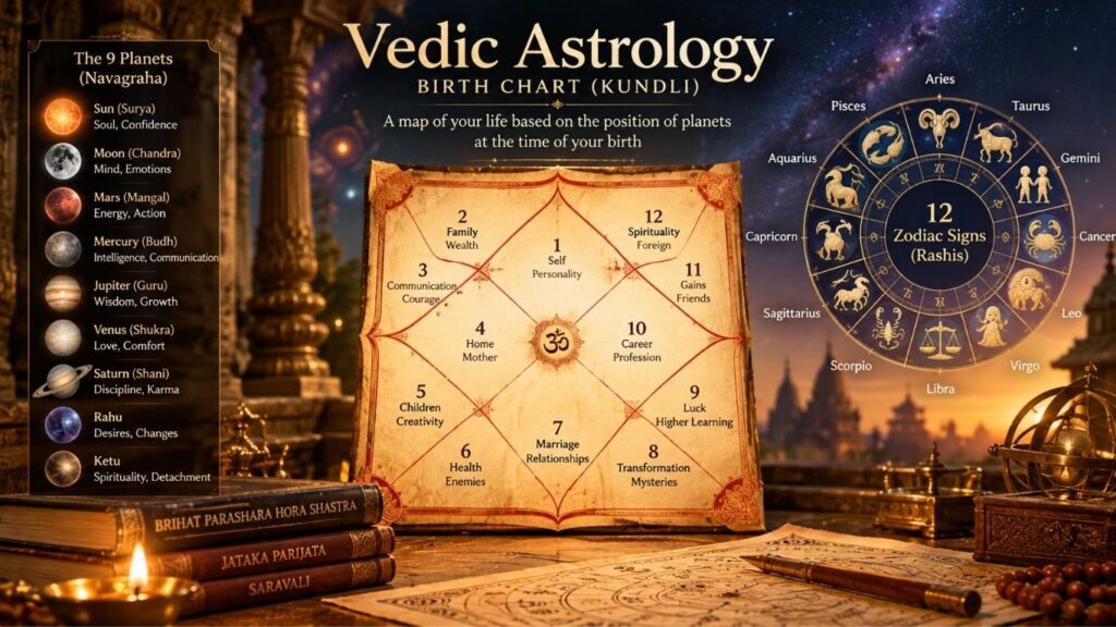 What is Vedic Astrology - Traditional Kundli birth chart with 12 houses, planets and zodiac signs