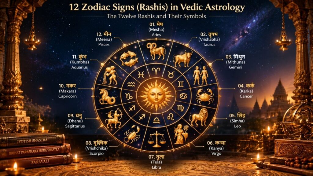 12 Zodiac Signs in Vedic Astrology showing all twelve Rashis from Aries to Pisces with their names and symbols